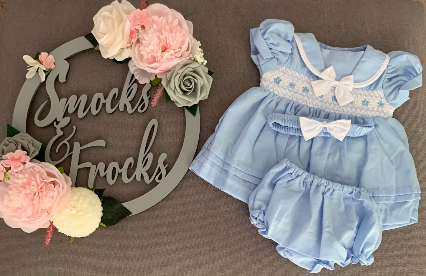 Smocked Dress with Bow Detail and Matching Headband - D06364