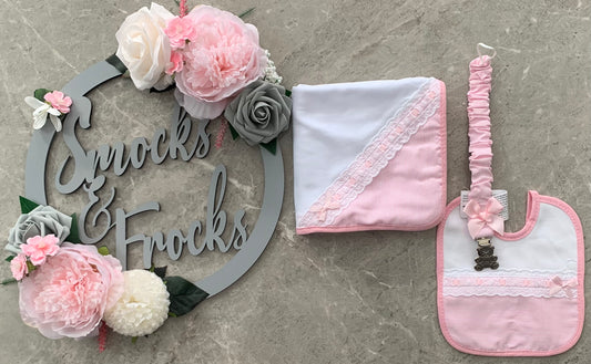 Lace Detail Bib, Muslin and Dummy Clip Set - 023BF-111