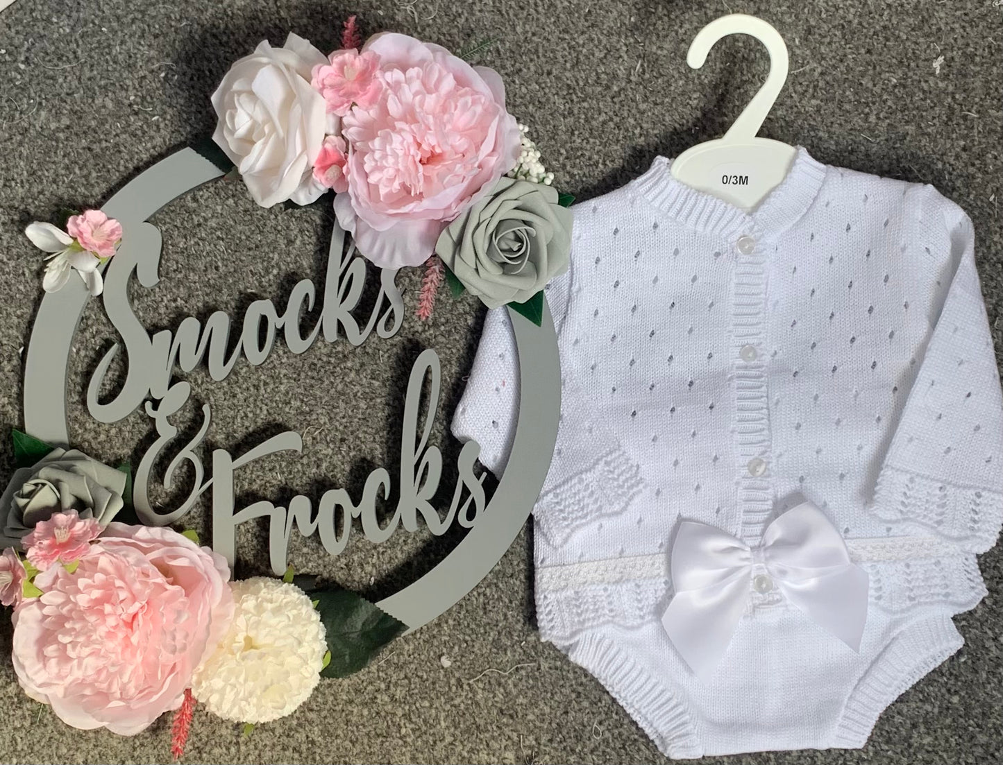 White Knitted Cardigan with Bow and Jam Pant Set - BO6012-W