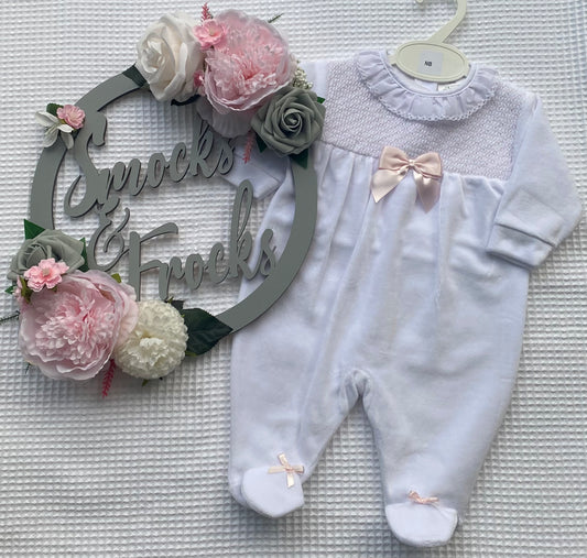 Velour Smock Babygrow with Bow Detail - LBS25/105