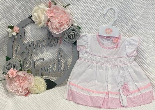 Girls Smocked and Striped Dress with Matching Headband - F09182NB