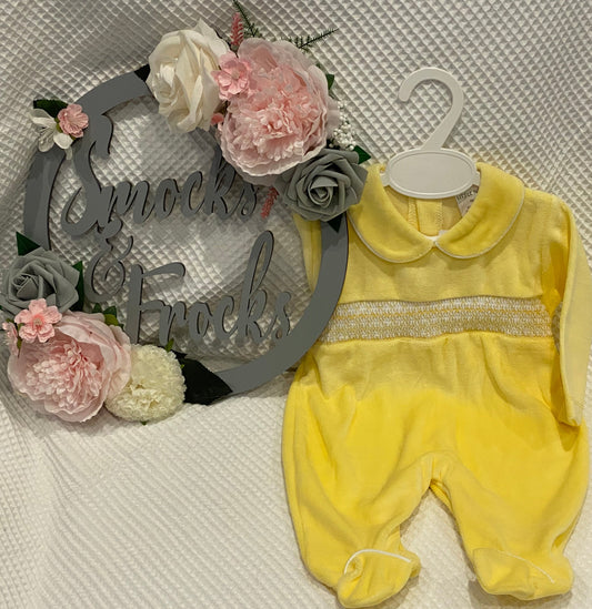 Velour Smocked Babygrow - LBS25/106 Pink, Lemon & Blue