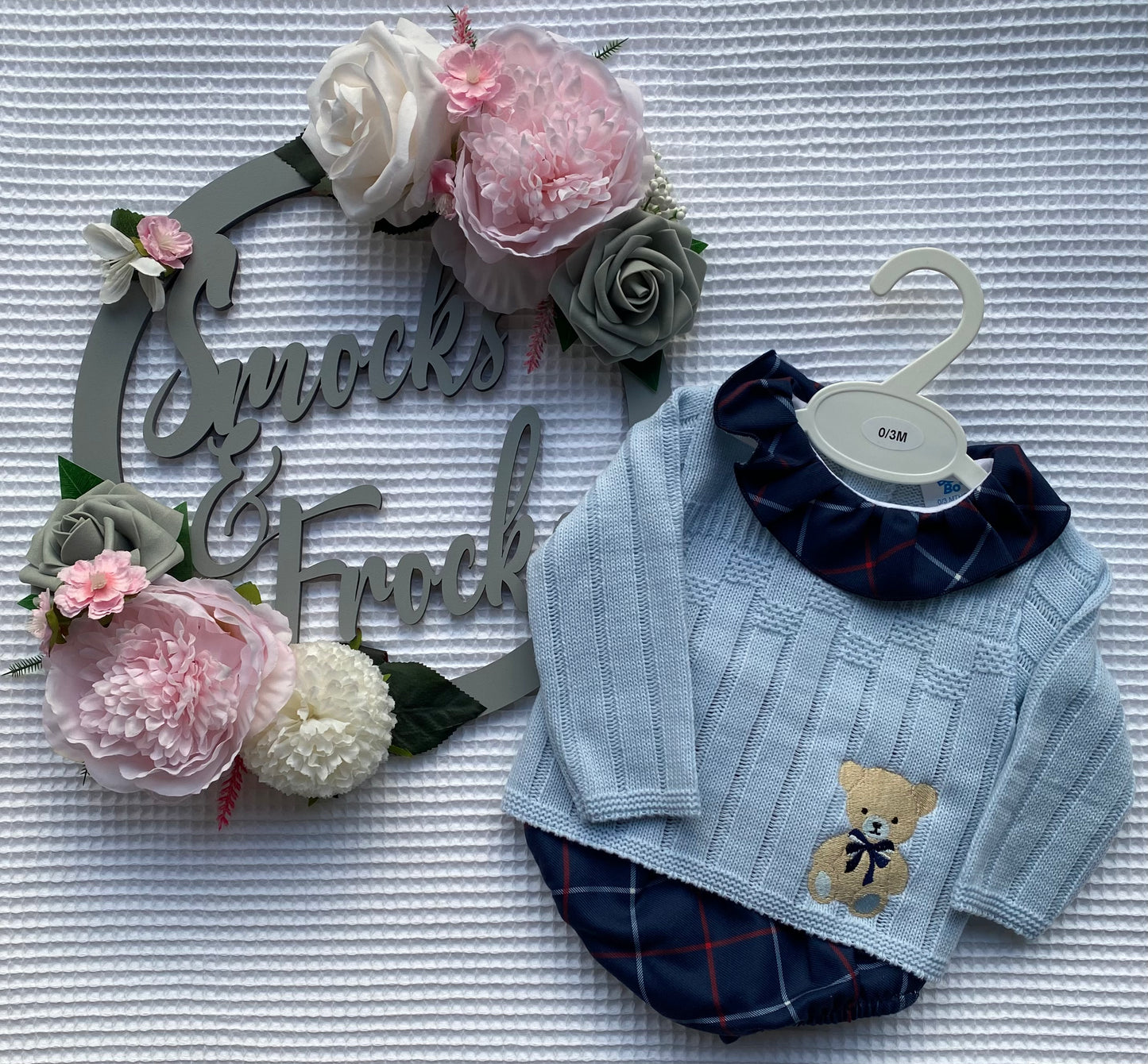Knit and Check 2 Piece Set with Teddy Embroidery