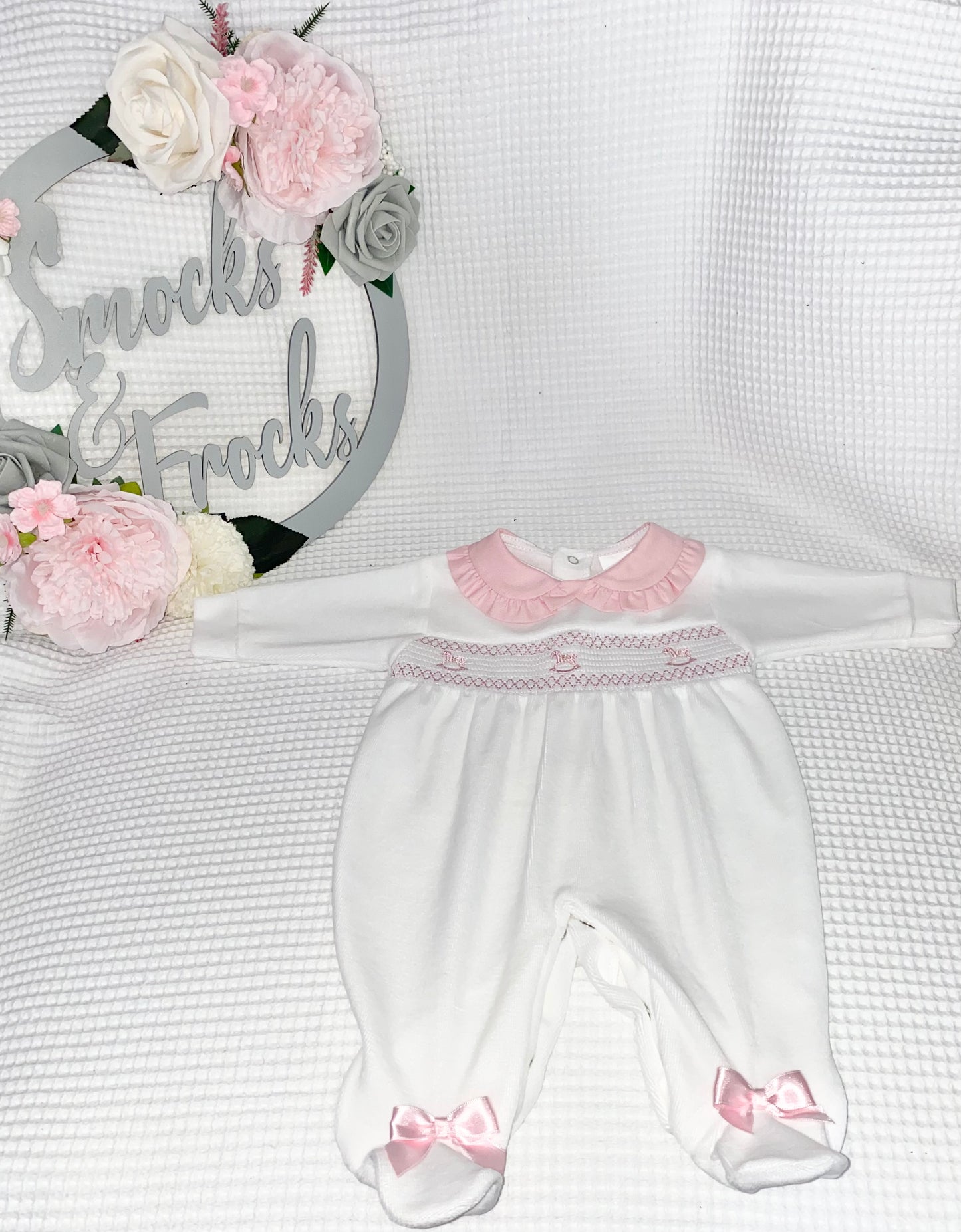 Rocking Horse and Smocked Detail Velour Babygrow - HBLNS26010