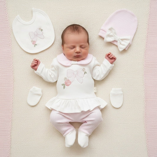 Girls 5 Piece cotton set with Bow and Rose detail - 0-3m Only