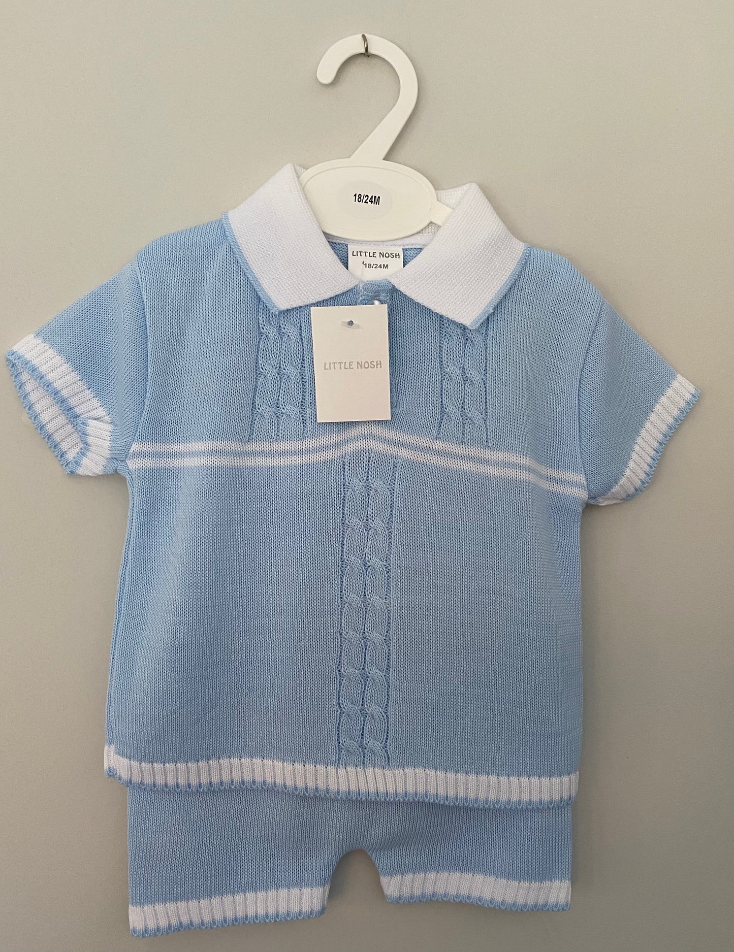 Blue and White Stripe Knitted Top and Short Set - 4378