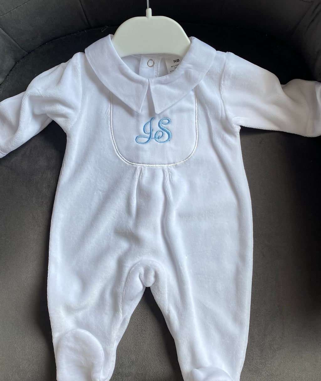 White Velour Babygrow with Initials JS - Newborn