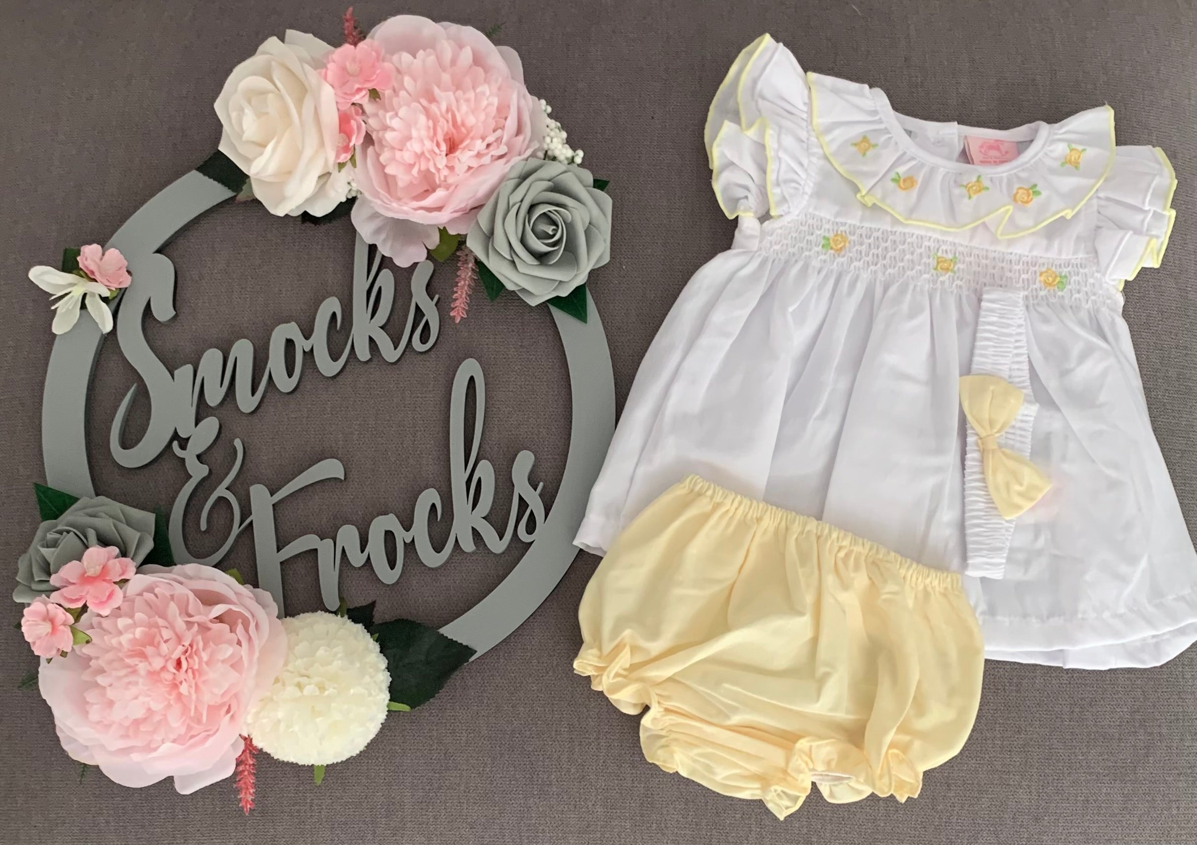 Rock-A-Bye - Rose and Smocked Detail Dress with Bow Headband - D06367B