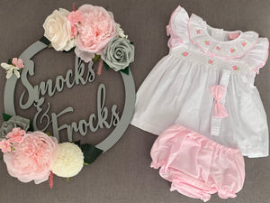 Rock-A-Bye - Rose and Smocked Detail Dress with Bow Headband - D06367A