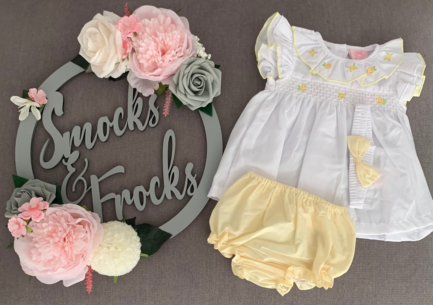 Rose and Smocked Detail Dress with Bow Headband - D06367