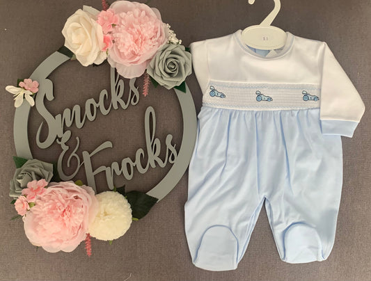 Boys Blue Smocked Babygrow with Car Detail - HB23106