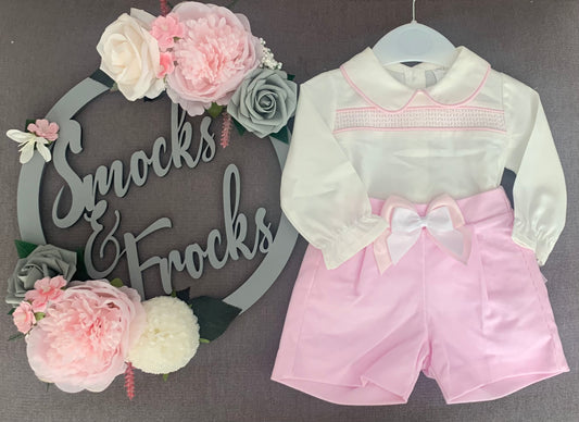 Girls Pink Smocked Short Set with Bow Detail - 2263