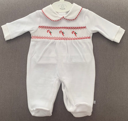 White & Red Velour Babygrow with Candy Cane Detail and Bib Set