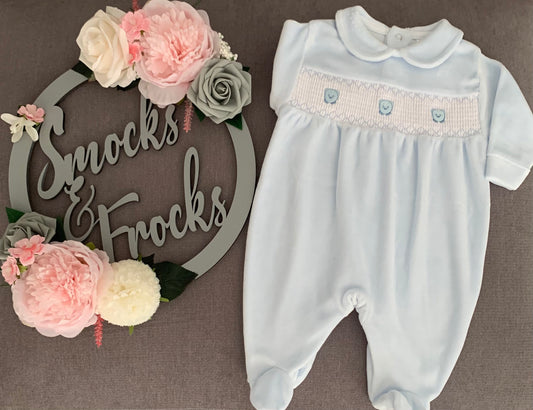 Blue Velour Smocked Babygrow with Teddy Bear Detail - LBW23/104