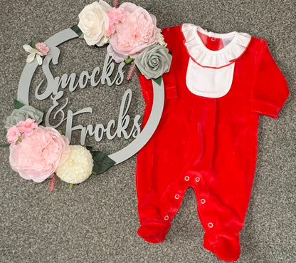 Girls Red Velour Personalised Babygrow