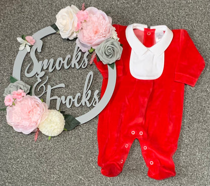 Boys Red Velour Personalised Babygrow
