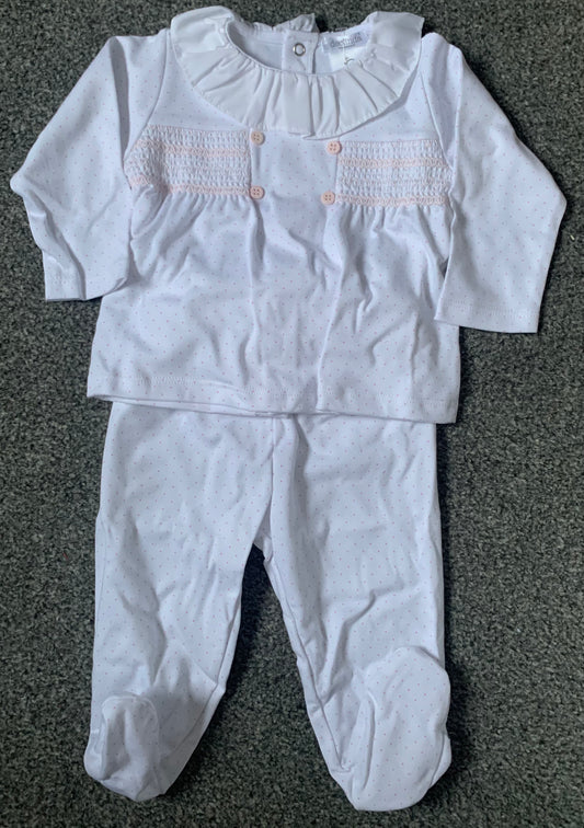 White and Pink Smock 2 Piece Cotton Set - DB121604
