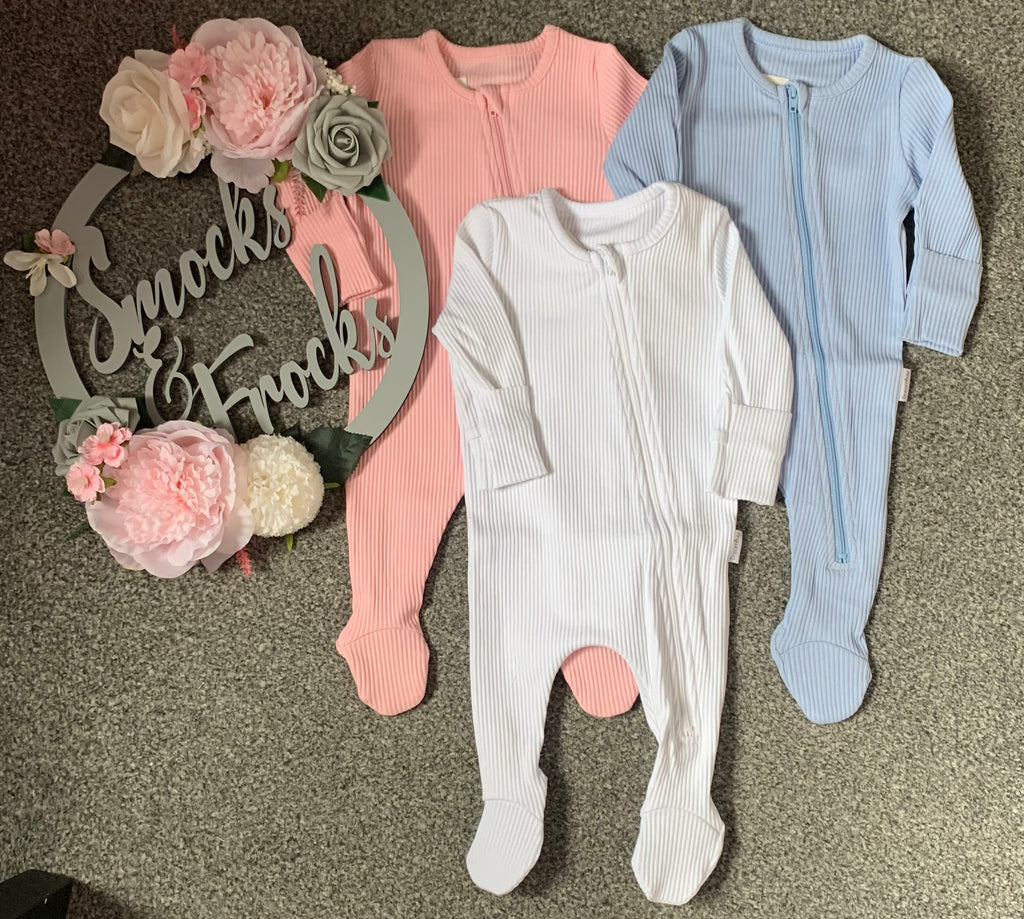 Baby Ribbed Zip Up Sleepsuit - 3 Colours