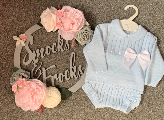 Blue Knitted 2 Piece Set with Bow Detail - 133