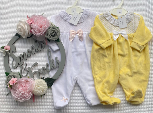 Velour Smock Babygrow with Bow Detail - LBS25/105