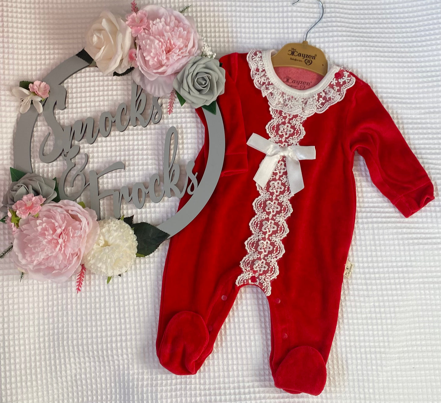 Gorgeous Girls Red Velour Babygrow with Lace Detail - MC1103R
