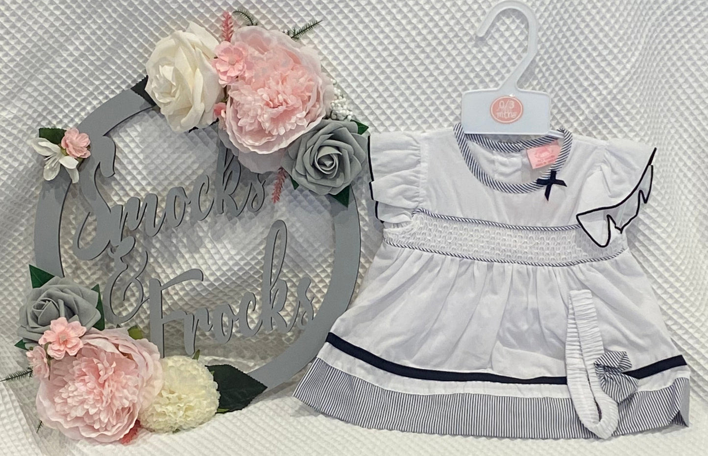 Girls Smocked and Striped Dress with Matching Headband - F09182NB