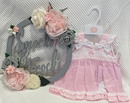 Girls Pink and White Striped Dress with Bow and Rose Details - D06413A