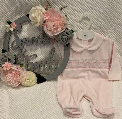 Velour Smocked Babygrow - LBS25/106 Pink, Lemon & Blue