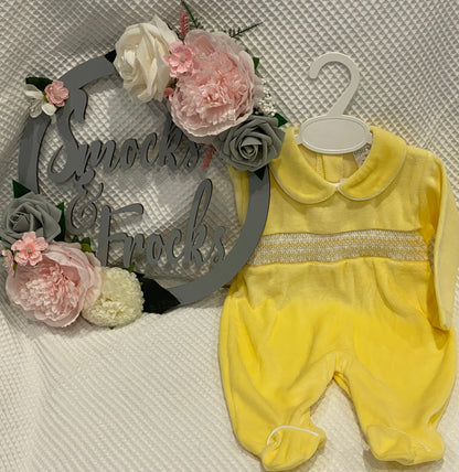 Velour Smocked Babygrow - LBS25/106 Pink, Lemon & Blue