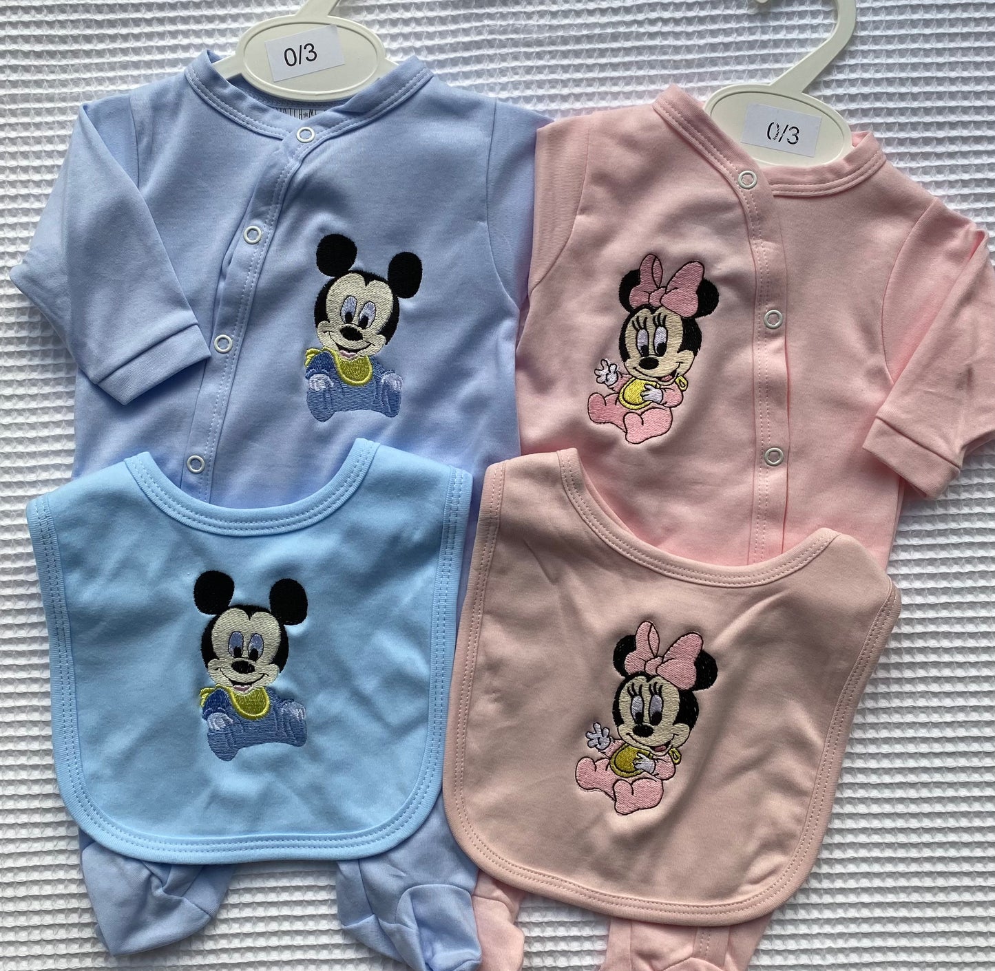 Babygrow and Bib Set with Mouse Embroidery - Pink or Blue