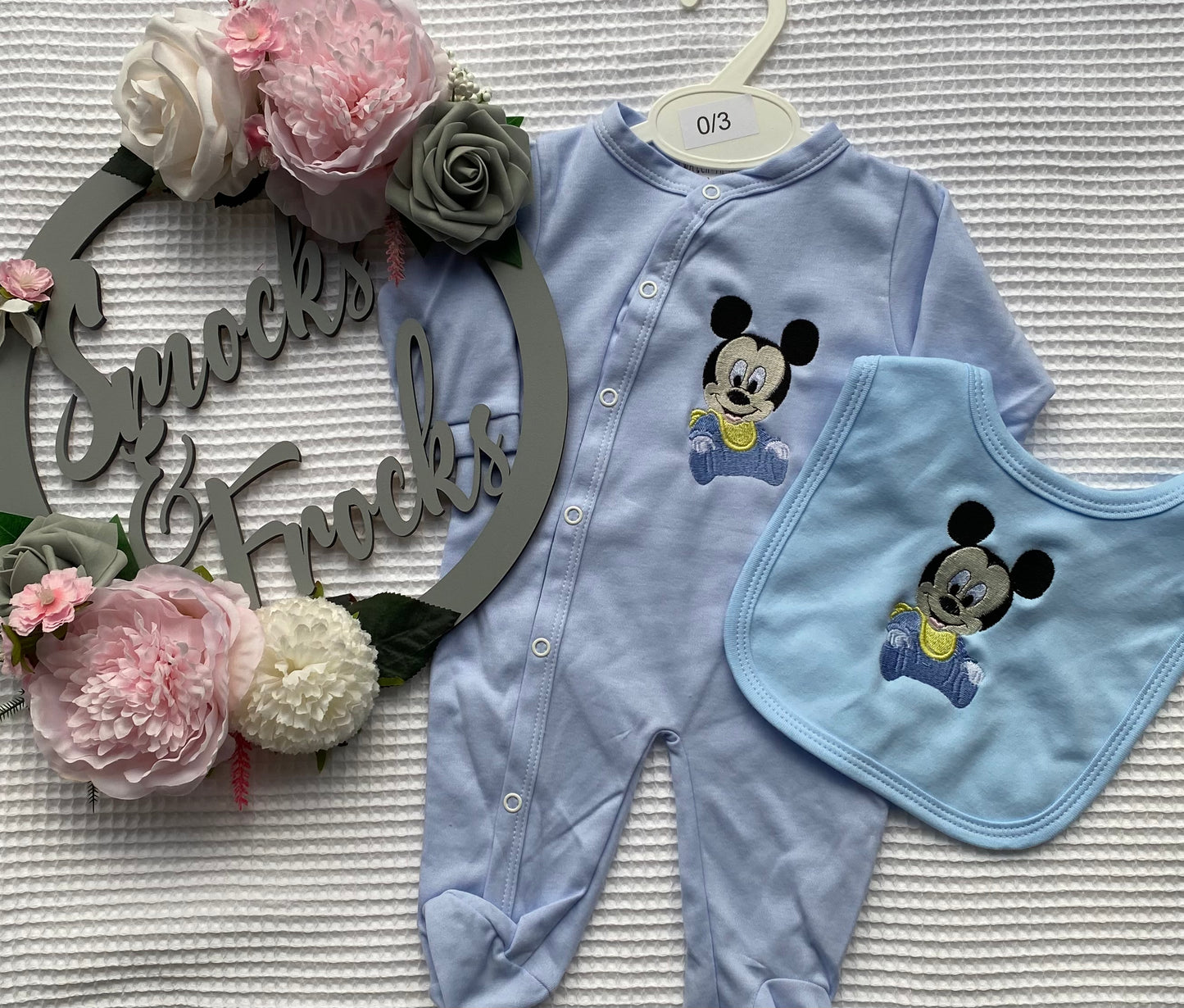 Babygrow and Bib Set with Mouse Embroidery - Pink or Blue