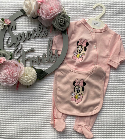 Babygrow and Bib Set with Mouse Embroidery - Pink or Blue