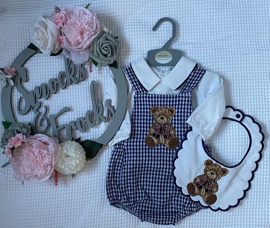 Boys Dogtooth Dungaree Romper and Bib Set with Teddy Detail