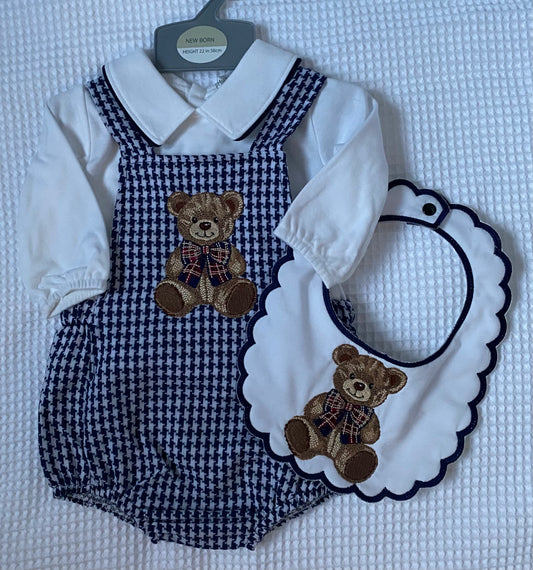 Boys Dogtooth Dungaree Romper and Bib Set with Teddy Detail