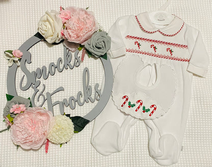 White & Red Velour Babygrow with Candy Cane Detail and Bib Set