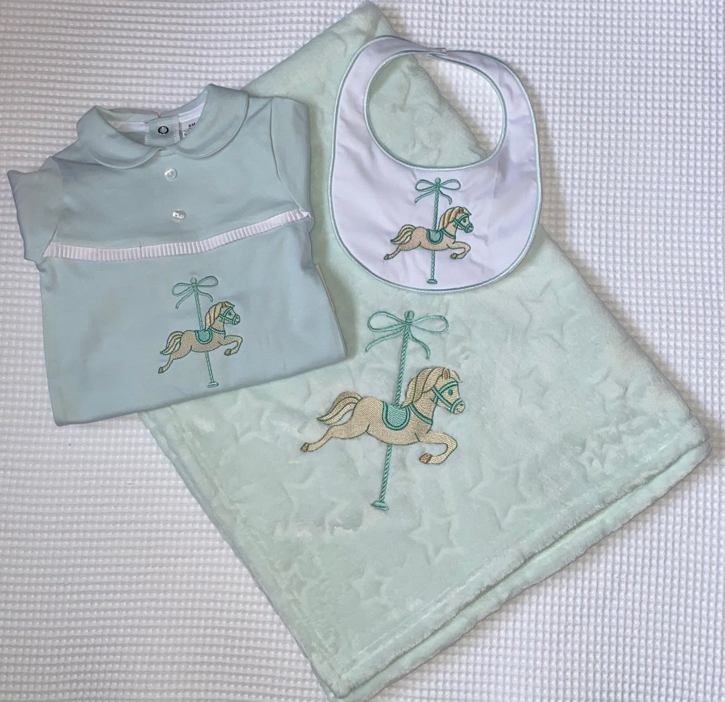 Mint Green Babygrow, Bib and Blanket Set with Horse Detail