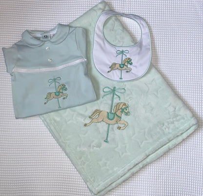 Mint Green Babygrow, Bib and Blanket Set with Horse Detail
