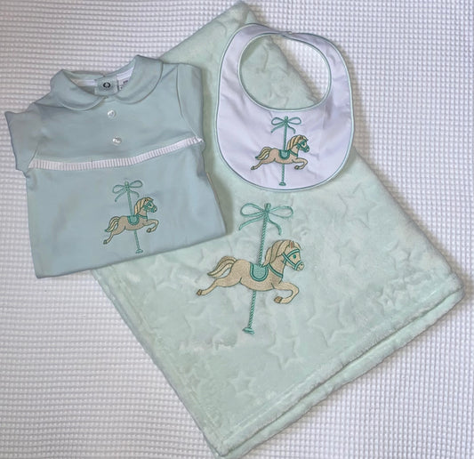 Mint Green Babygrow, Bib and Blanket Set with Horse Detail