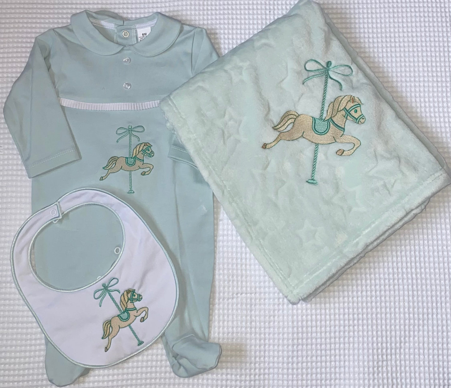 Mint Green Babygrow, Bib and Blanket Set with Horse Detail