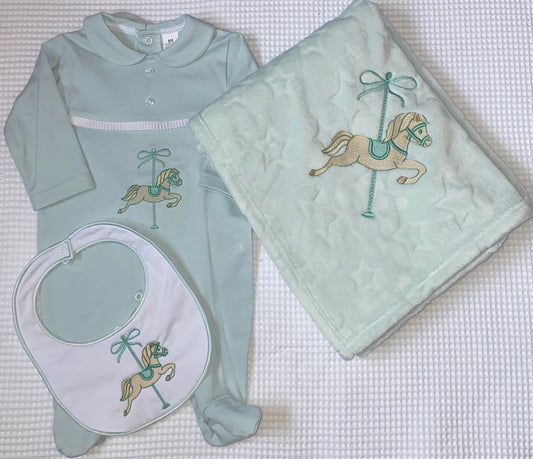 Mint Green Babygrow, Bib and Blanket Set with Horse Detail