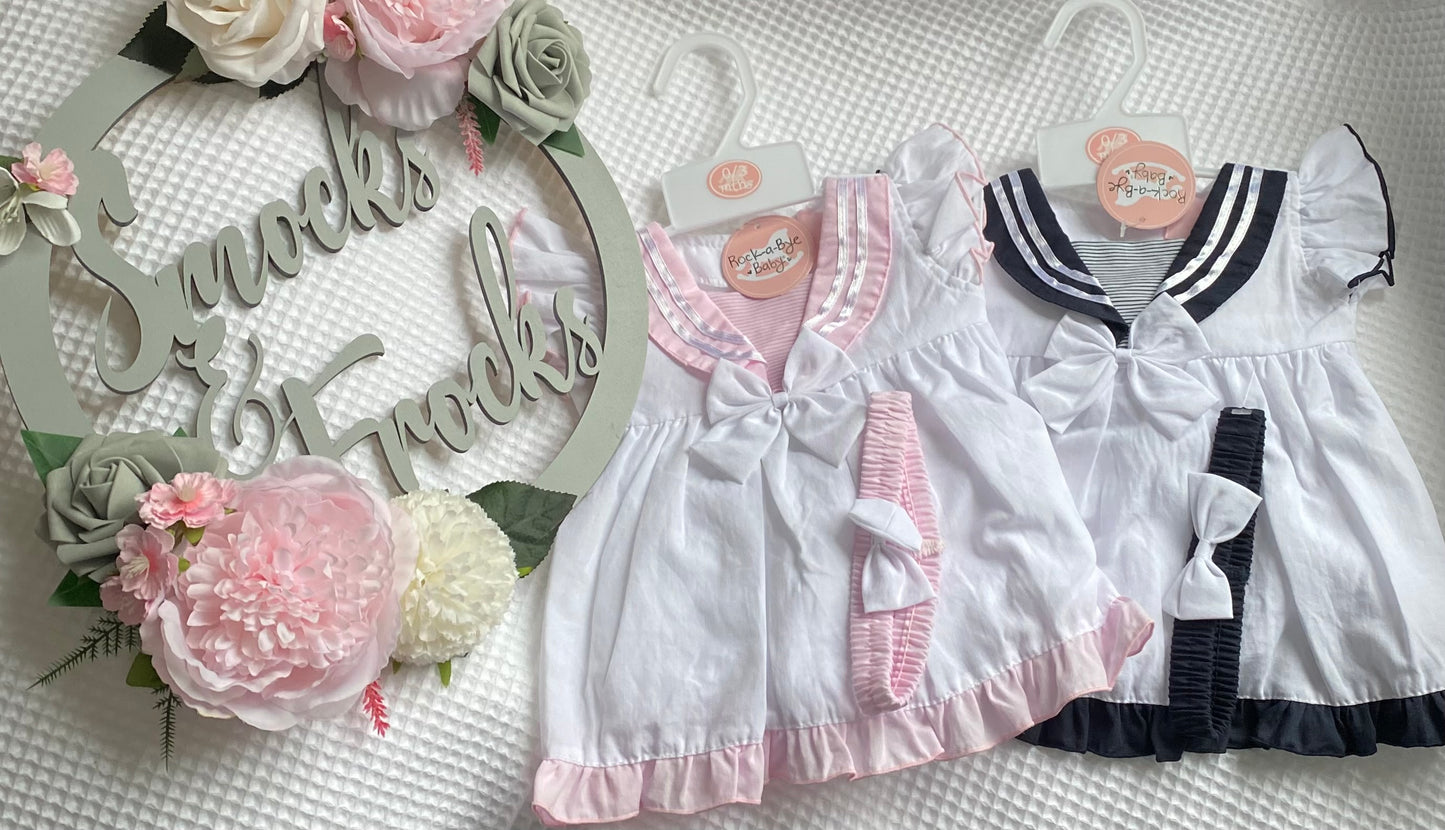 Girls Striped Dress with Bow Detail, Bloomers and Bow Headband - H12816NB