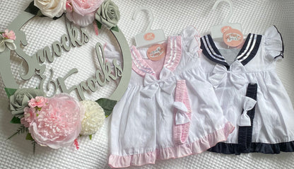 Girls Striped Dress with Bow Detail, Bloomers and Bow Headband - H12816NB