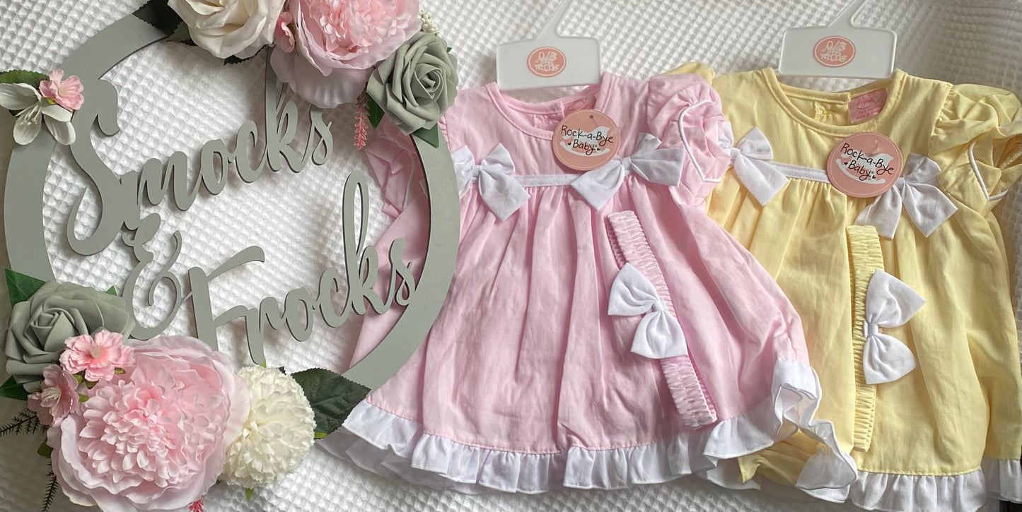 Girls Bow Detail Dress, Bloomers and Bow Headband - H12804NB