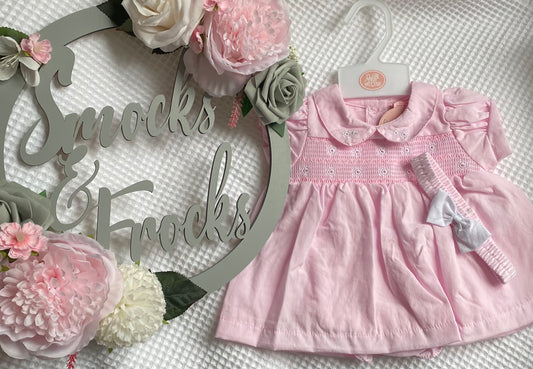 Pink Smocked Dress with Flower Detail, Bloomers and Bow Headband Set - H12820NB