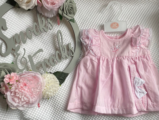 Pink Dress with Flower Detail, Bloomers and Bow Headband Set - H12819NB