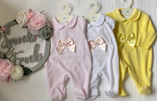 Velour Babygrows with Diamanté and Bow Detail - LBS26/3