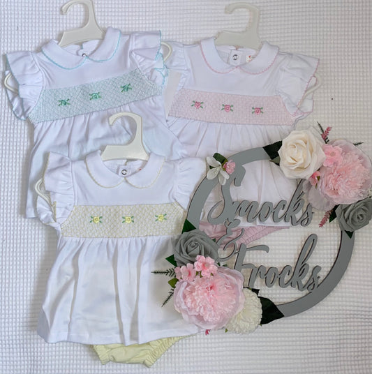 Girls Smocked Set with Rose Detail - 3 Colours