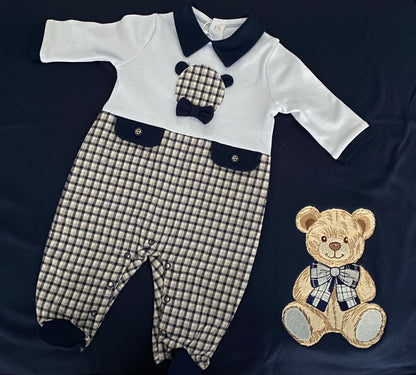 Navy Check Babygrow and Blanket with Teddy Detail
