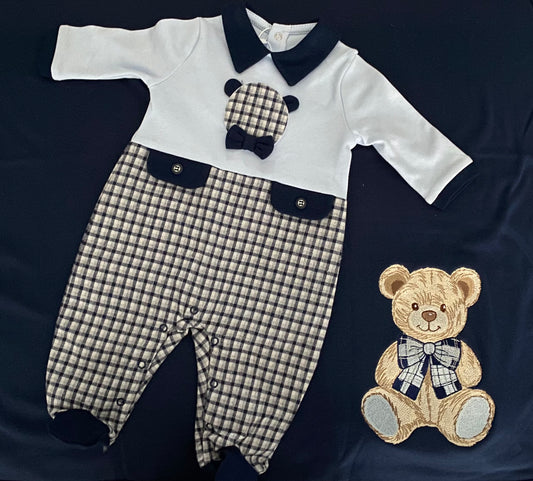 Navy Check Babygrow and Blanket with Teddy Detail