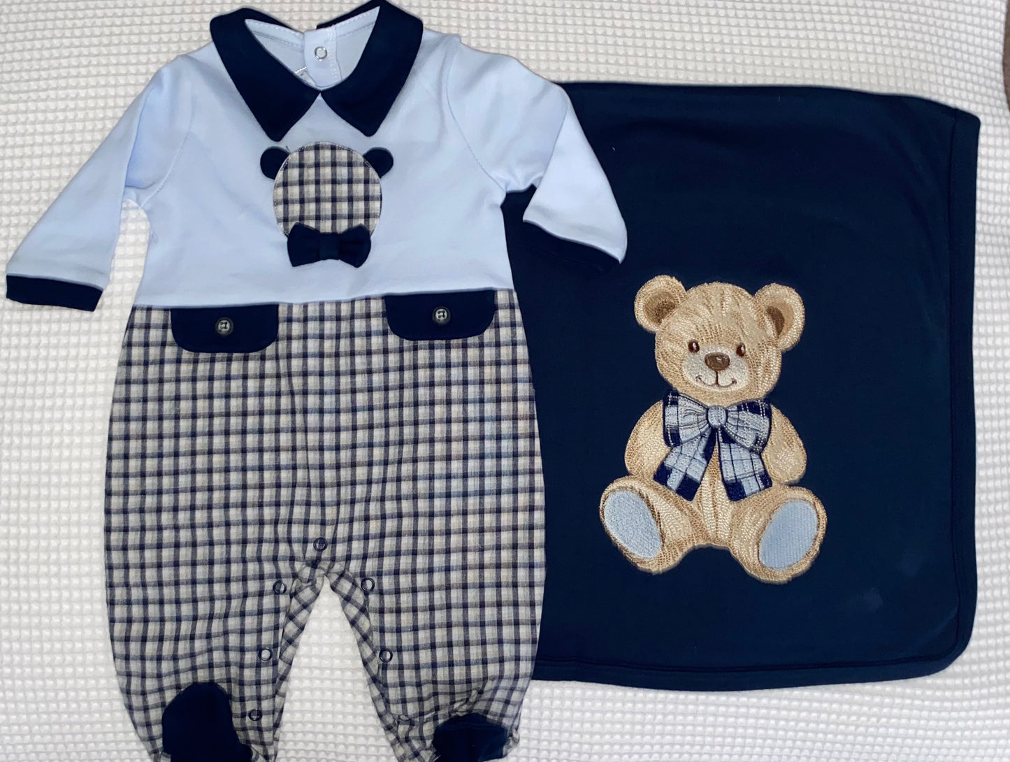 Navy Check Babygrow and Blanket with Teddy Detail
